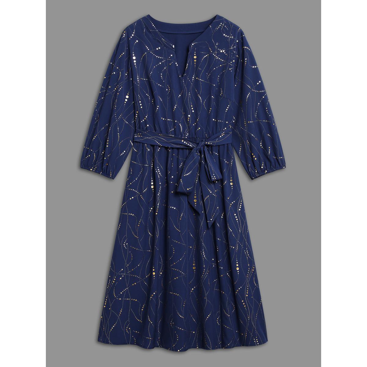 Plus Size Glitter Notched Collar Belted Midi Dress Indigo Women Elegant Texture Notched collar Elbow-length sleeve Curvy BloomChic 18-20/2X Product Image