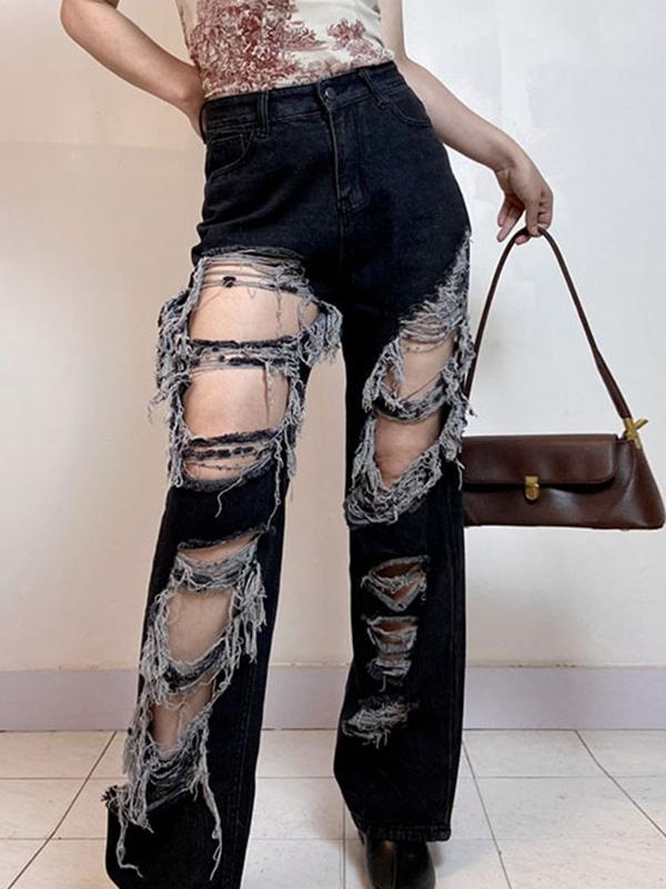 Distressed Design With High Waist And Slimming Effect Ripped Jeans Product Image