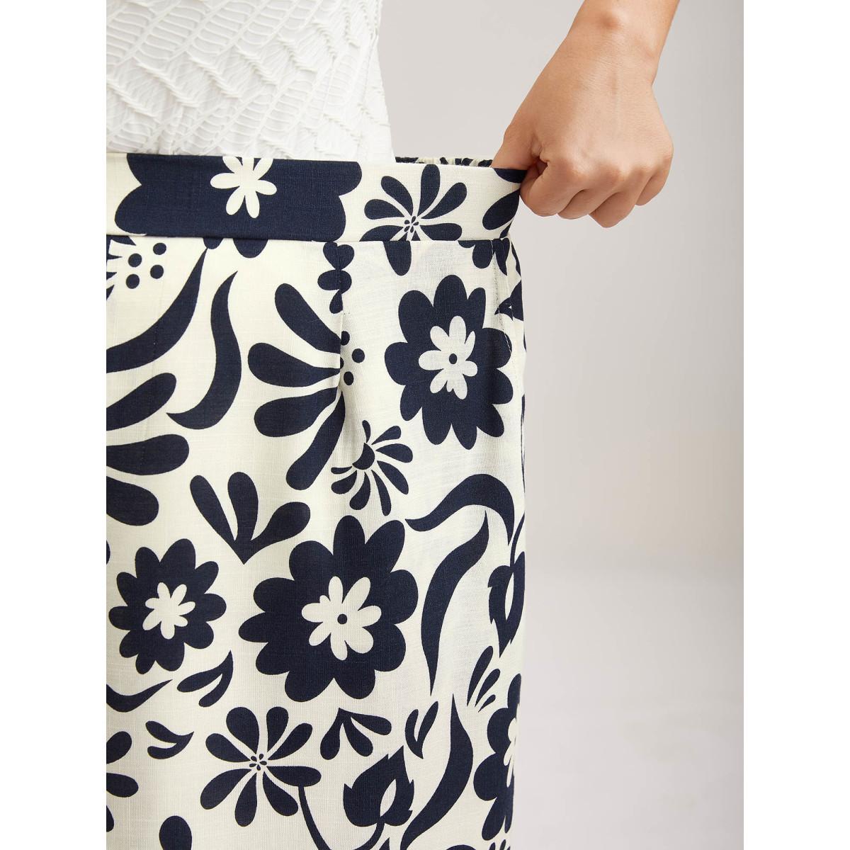 Plus Size Floral Print Wide-Leg Pants Women Indigo Timeless Wide Leg Mid Rise Elegant Pants BloomChic 28/5X Product Image