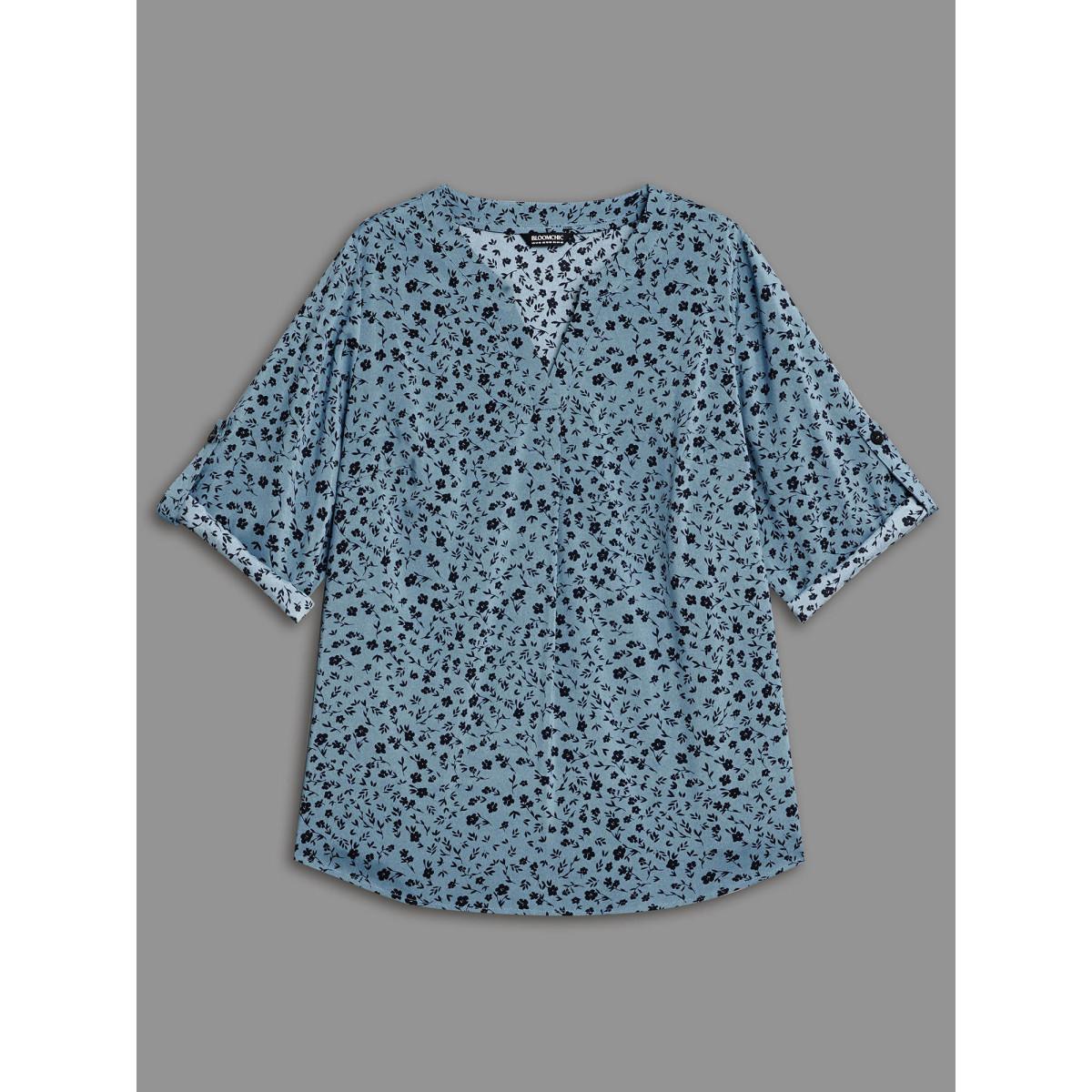 Plus Size Stone Ditsy Floral Button Cuff Sleeve Pleated Blouse Women Elegant Long Sleeve Flat collar with V-notch Everyday Blouses BloomChic 10/M Product Image