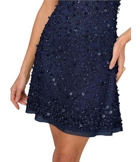 Adrianna by Adrianna Papell Beaded Mesh Halter Mock Neck Sleeveless Open Back Mini Dress Product Image