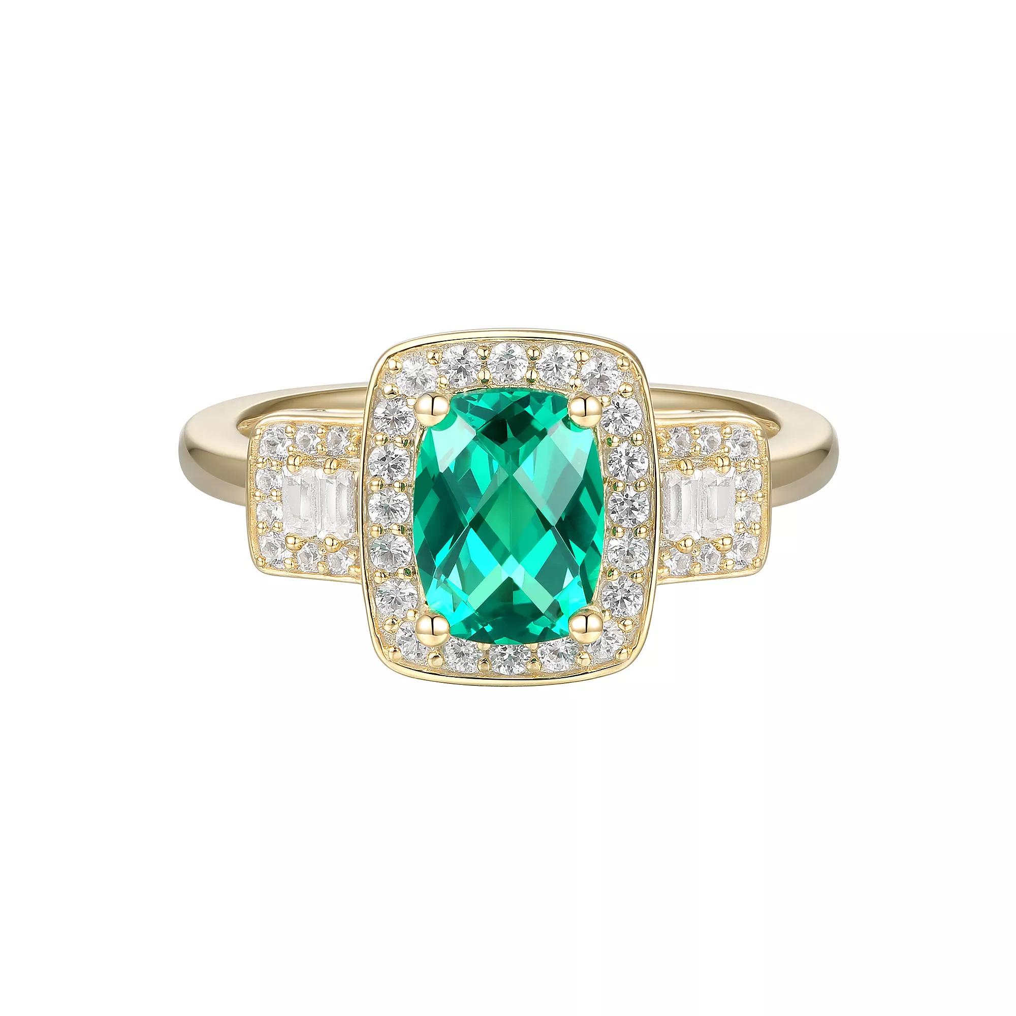 14k Gold Over Silver Lab-Created Emerald & Lab-Created White Sapphire Ring, Women's, Size: 7, Gold Tone Product Image
