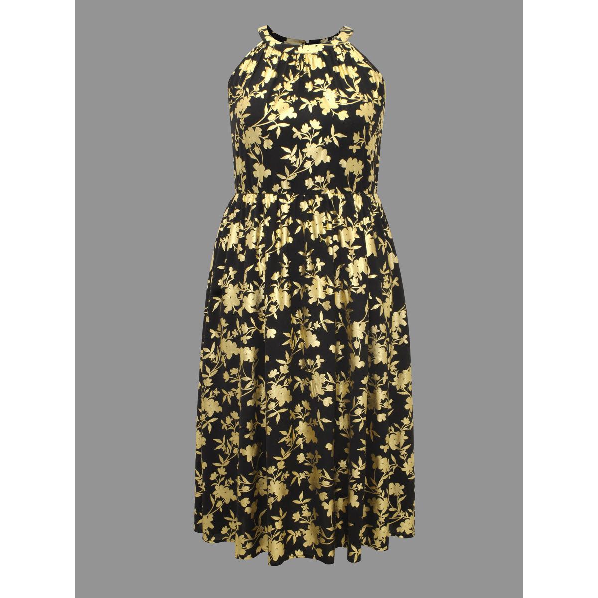 Plus Size Glitter Silhouette Floral Print Sleeveless Dress Black Women Cocktail Texture Round Neck Sleeveless Curvy BloomChic 26/4X Product Image