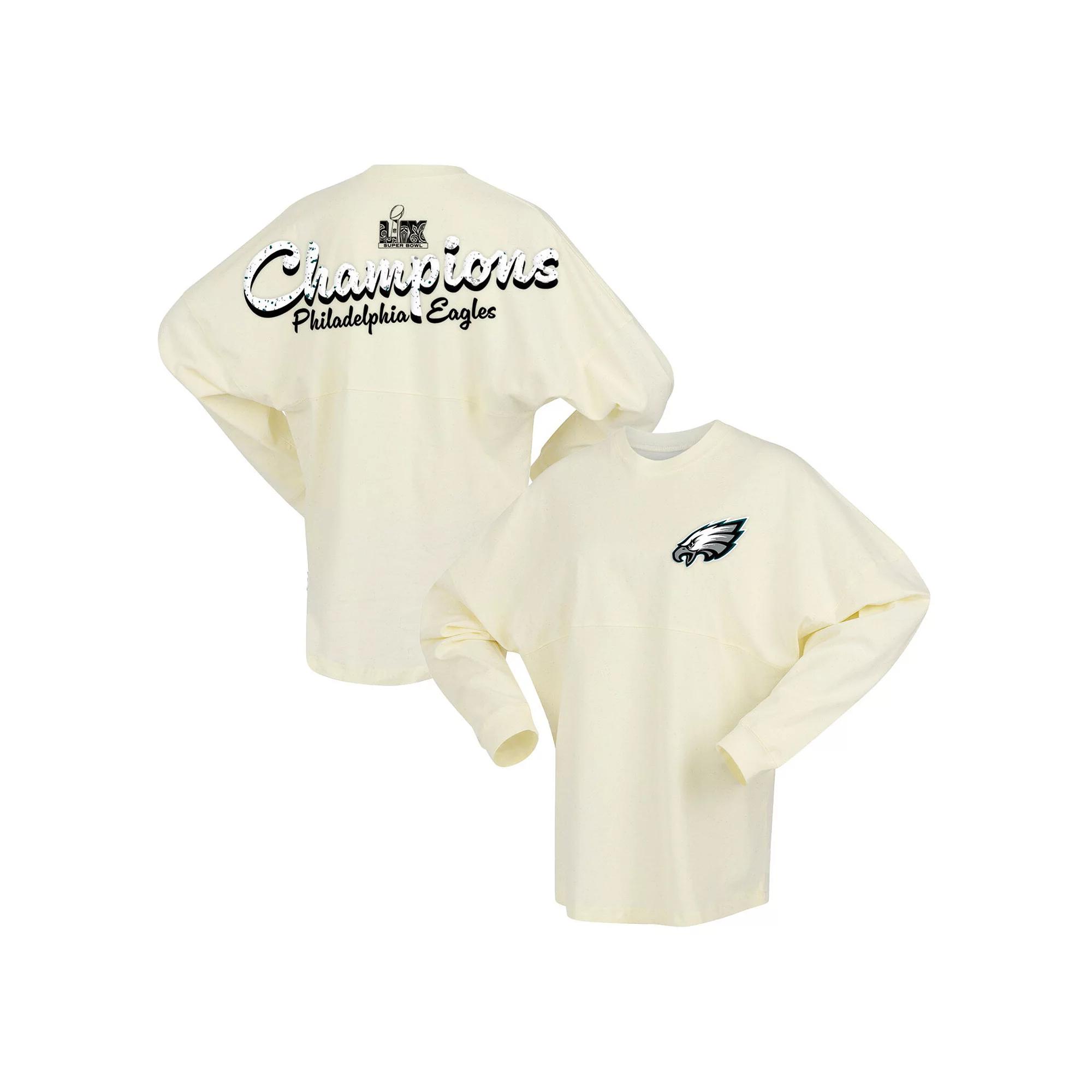 Women's Fanatics  Cream Philadelphia Eagles Super Bowl LIX Champions Sparkle Spirit Jersey Oversized Long Sleeve T-Shirt, Size: Small, Beige Product Image