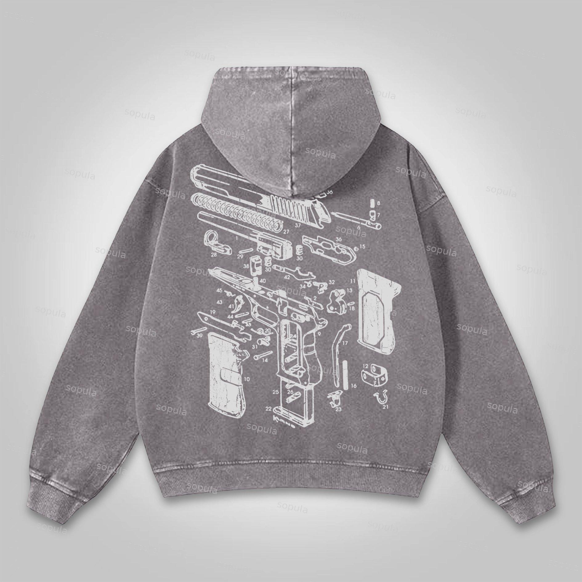 Sopula Love Peace Retro Deconstructed Gun Graphic Washed Hoodie Product Image