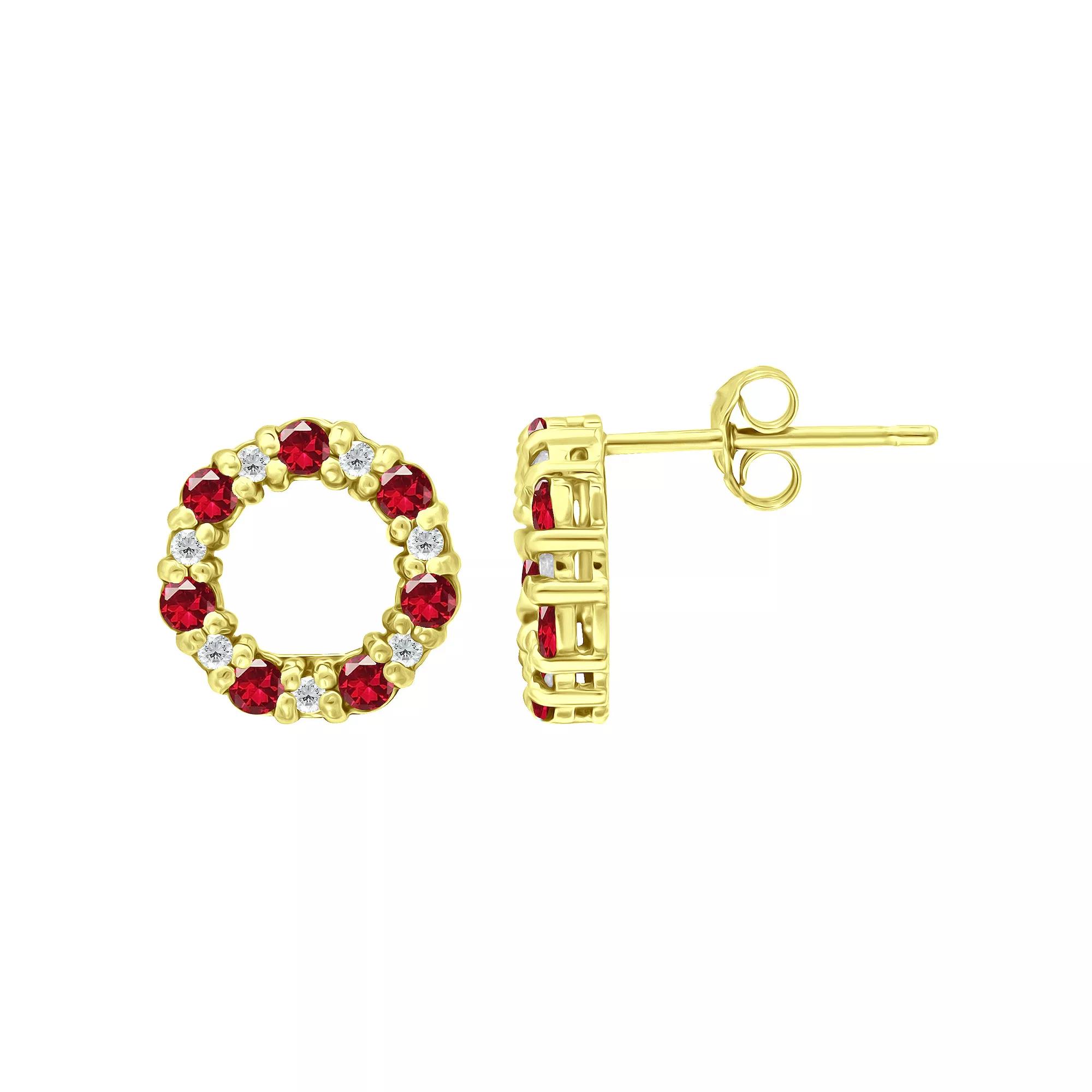 Aleure Precioso Sterling Silver Cubic Zirconia Circle Stud Earrings, Women's, Gold Tone Red Product Image