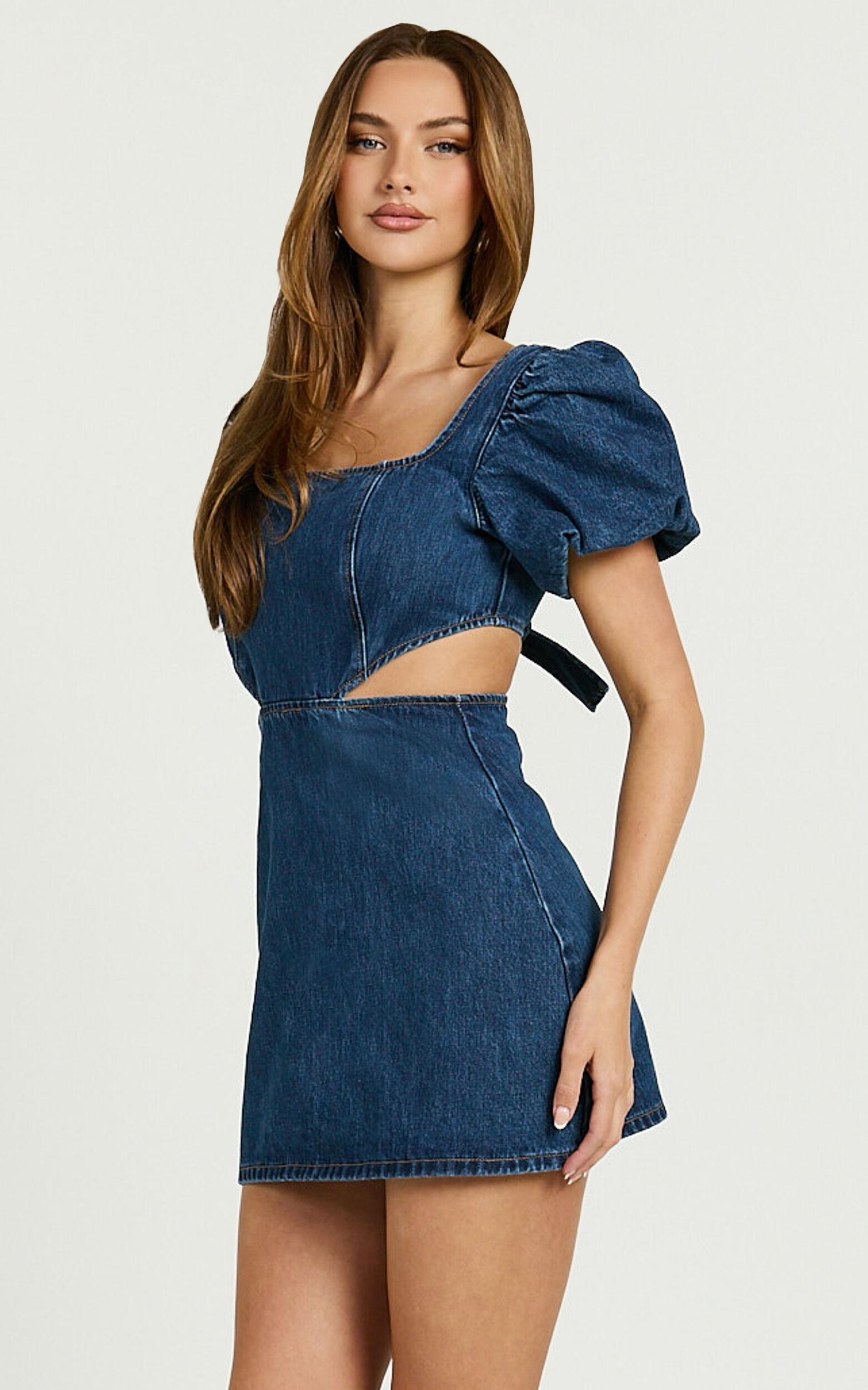 Freya Mini Dress - Denim Cut Out Puff Sleeve Mini Dress in Mid Blue Wash Product Image