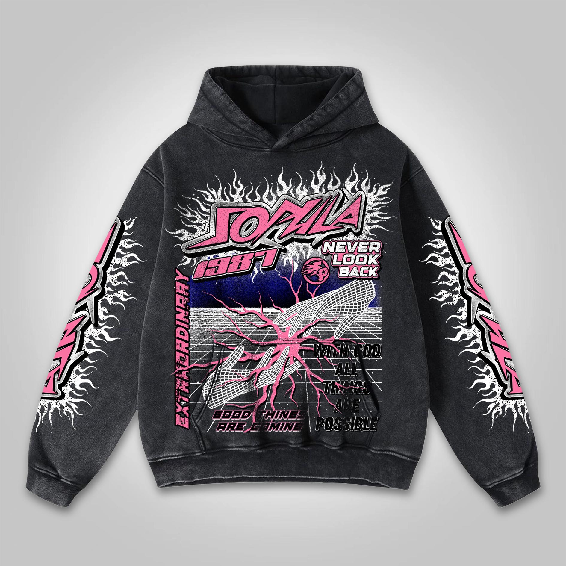 Sopula Flame Font Network Connection Graphic Washed Hoodie Product Image