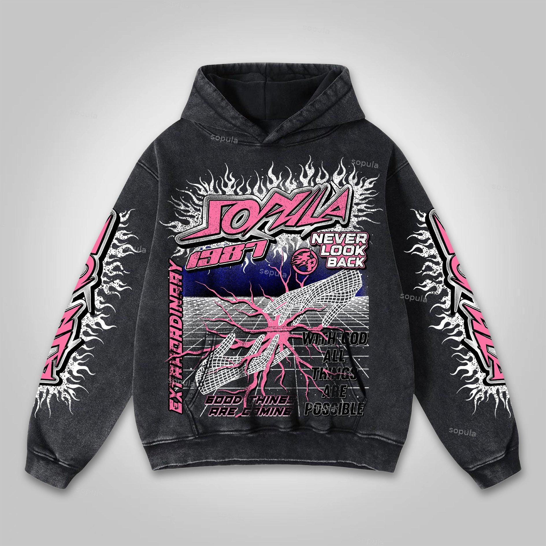 Sopula Flame Font Network Connection Graphic Washed Hoodie Product Image