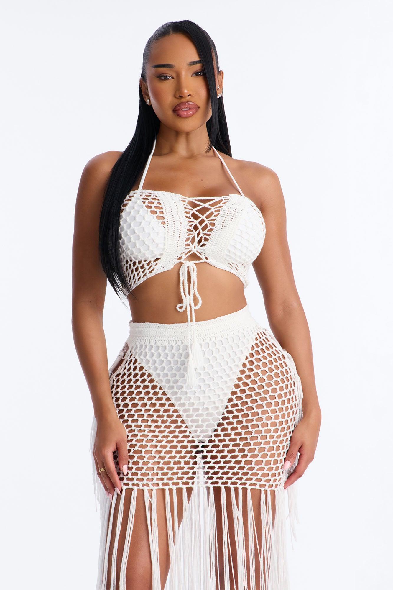 Gemma Lace Up Fringe Trim Swim Cover Up Skirt - White Female Product Image