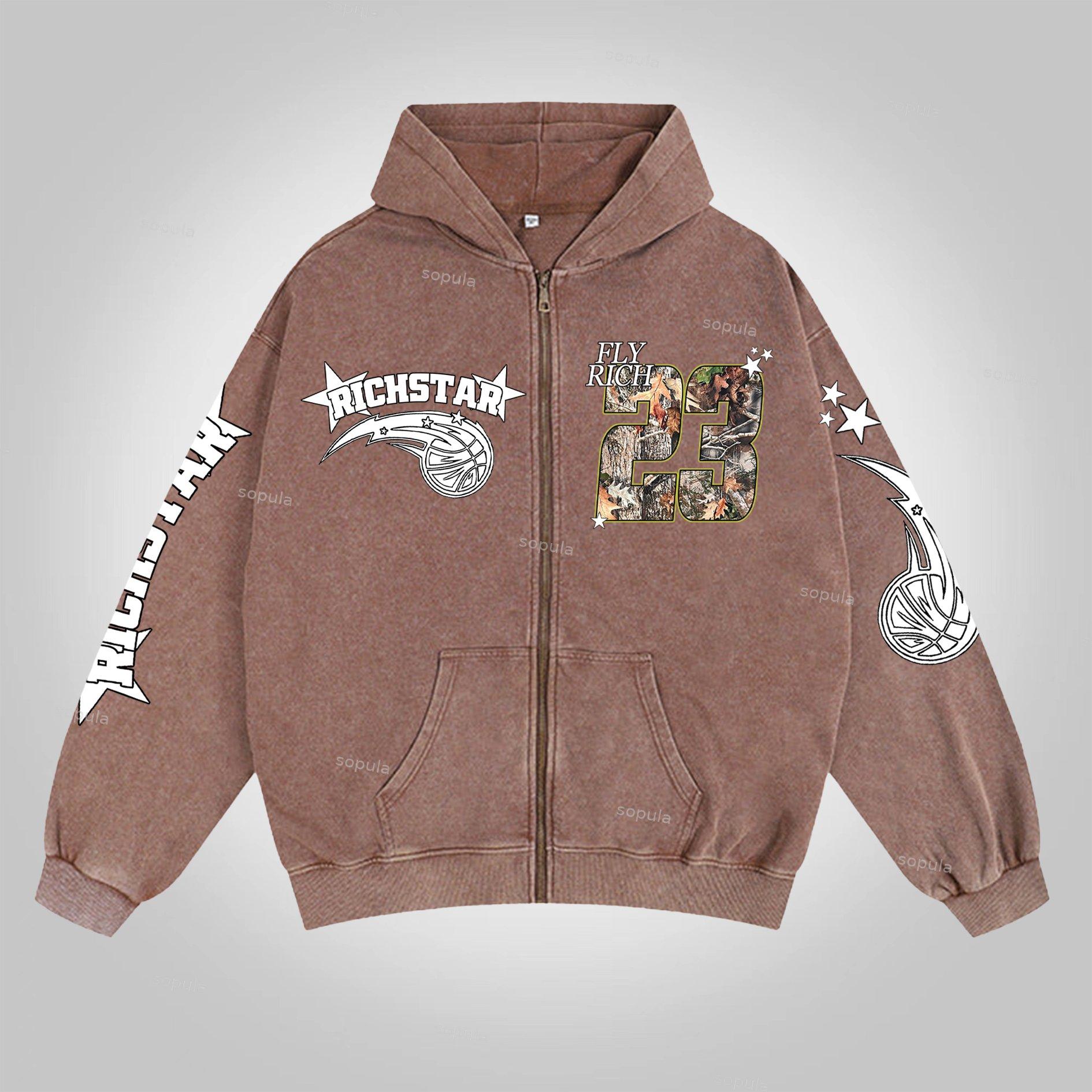 Men's Oversized Relaxed Graphic Vintage Washed Zip-Up Hoodie Product Image