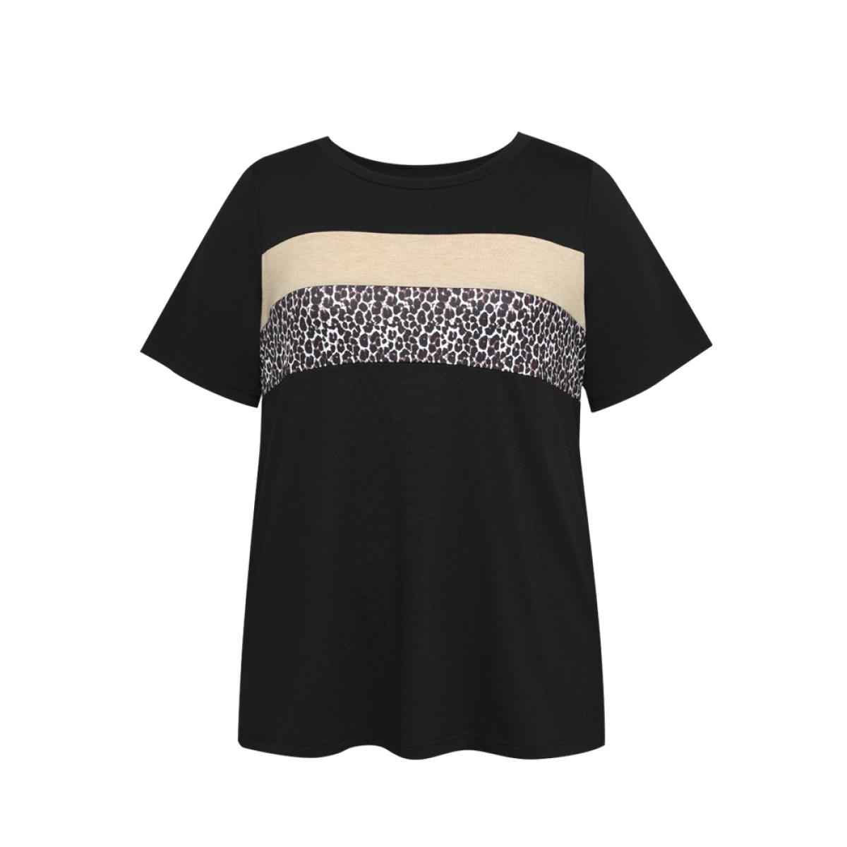 Plus Size Supersoft Essentials Leopard Colorblock Contrast Round Neck T-shirt Black Women Casual Leopard Round Neck Dailywear T-shirts BloomChic 30/6X Product Image