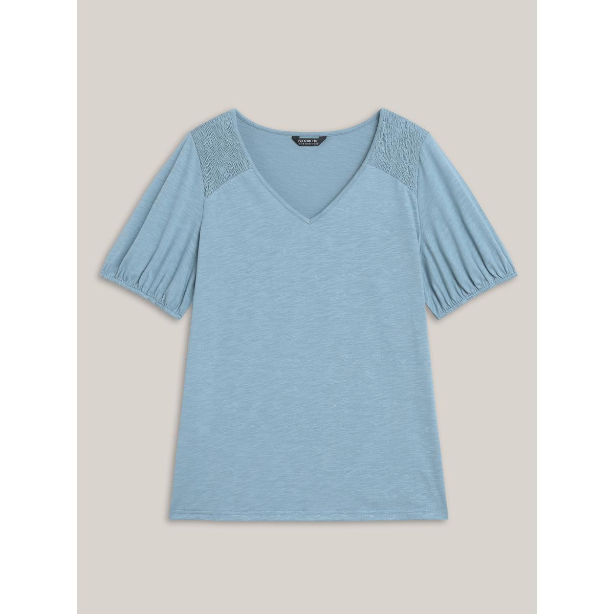 Plus Size Bamboo Shirred Shoulder V-Neck T-Shirt Stone Women Casual Shirred V-neck Everyday T-shirts BloomChic 26/4X Product Image