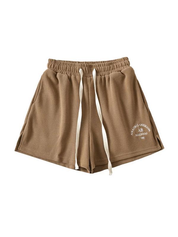Letter Embroidery Elastic Waist Drawstring Shorts Product Image
