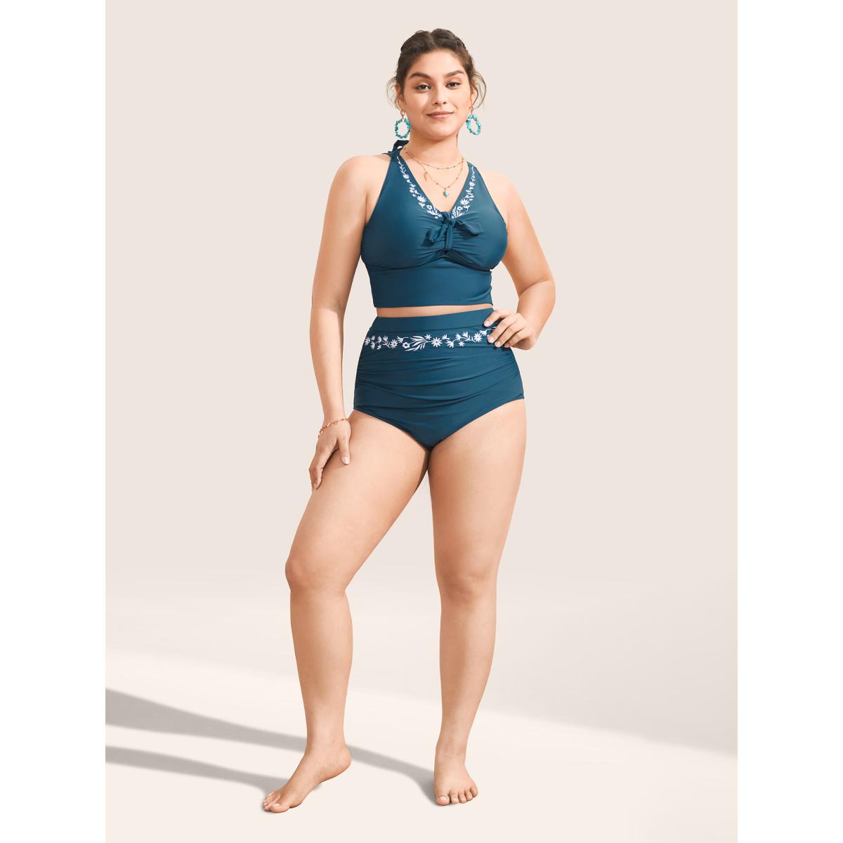 Plus Size Floral Embroidered Knot Ruched Swim Top Women's Swimwear Cyan Beach Non High stretch Skinny V-neck Curve Swim Tops BloomChic 12/L Product Image
