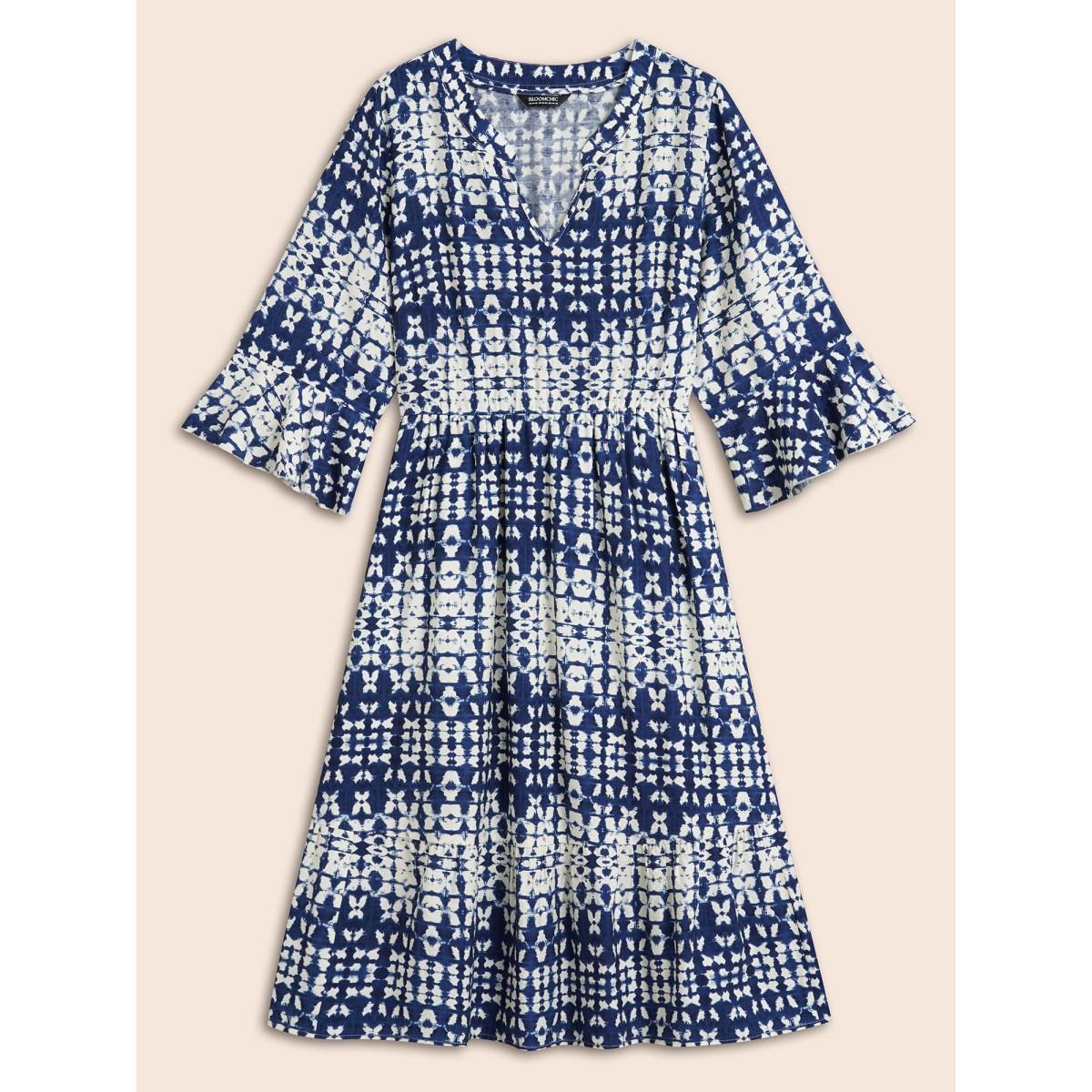 Plus Size Tie-Dye Notched Collar Ruffle Tiered Midi Dress Indigo Women Resort Ruffles Notched collar Elbow-length sleeve Curvy BloomChic 22-24/3X Product Image