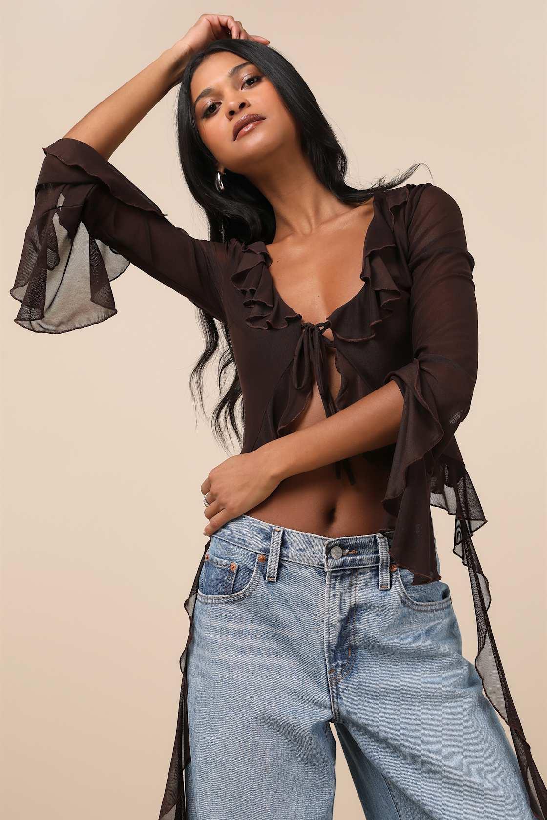 Whimsical Essence Dark Brown Ruffled Tie-Front Bell Sleeve Top Product Image