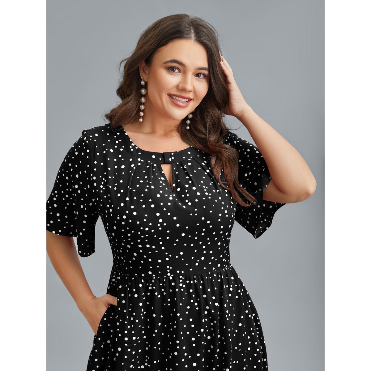 Plus Size Polka Dots Print Cut-Out Flutter Sleeve Midi Dress Black Women Elegant Pleated Round Neck Short sleeve Curvy BloomChic 26/4X Product Image