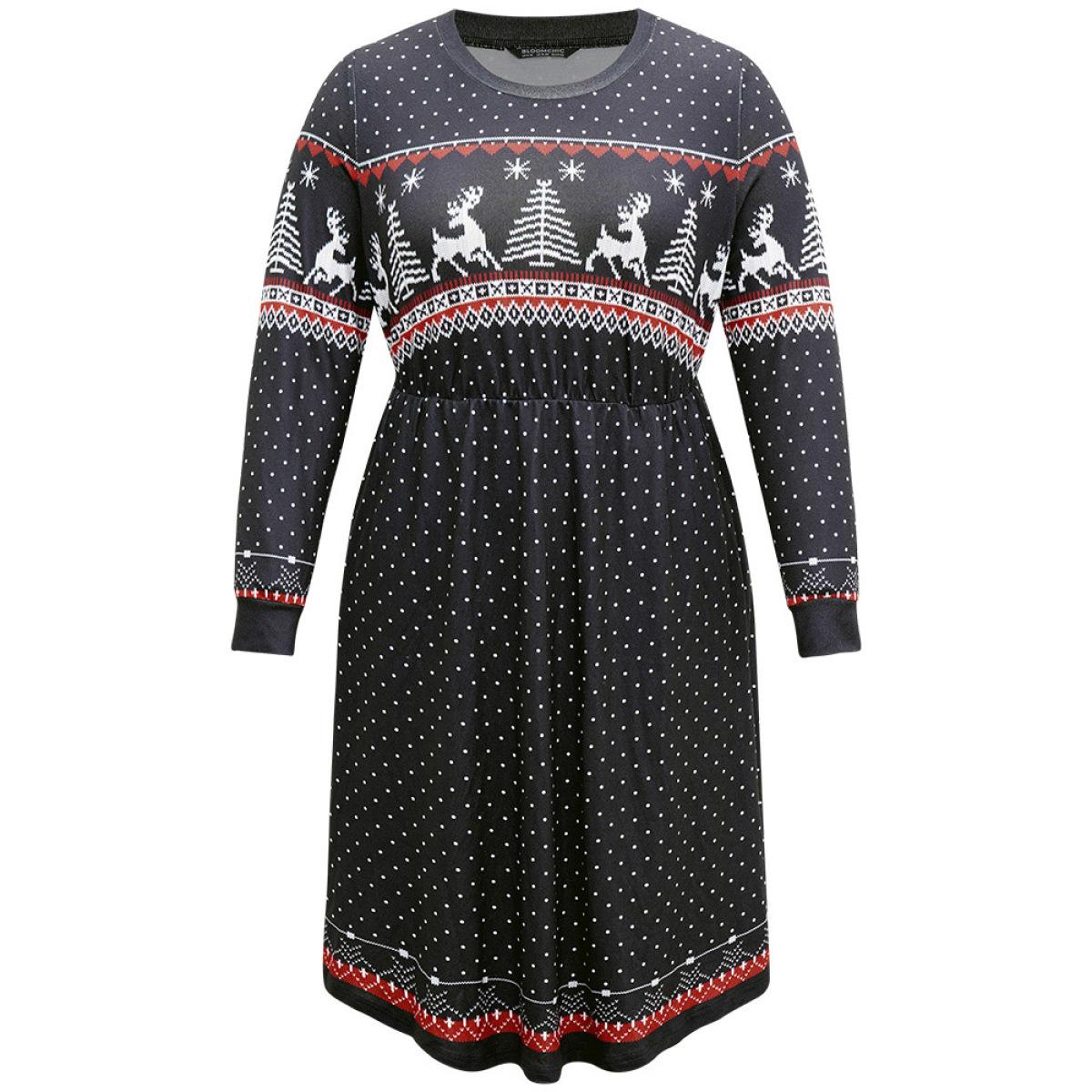 Plus Size Christmas Elk Patchwork Polka Dot Pocket Dress Black Women Casual Printed Round Neck Long Sleeve Curvy Midi Dress BloomChic 14-16/1X Product Image