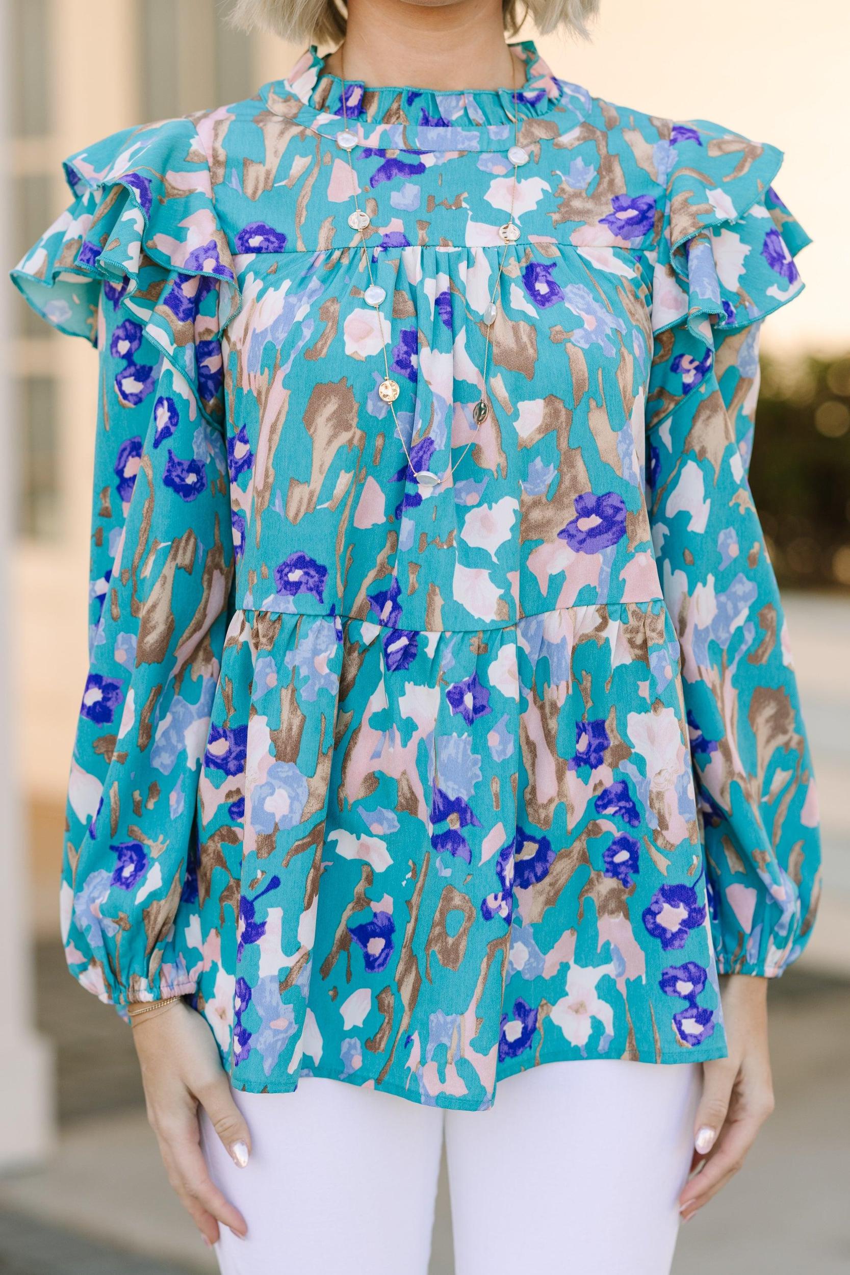 Join You Later Teal Green Leopard L/S Top Female Product Image