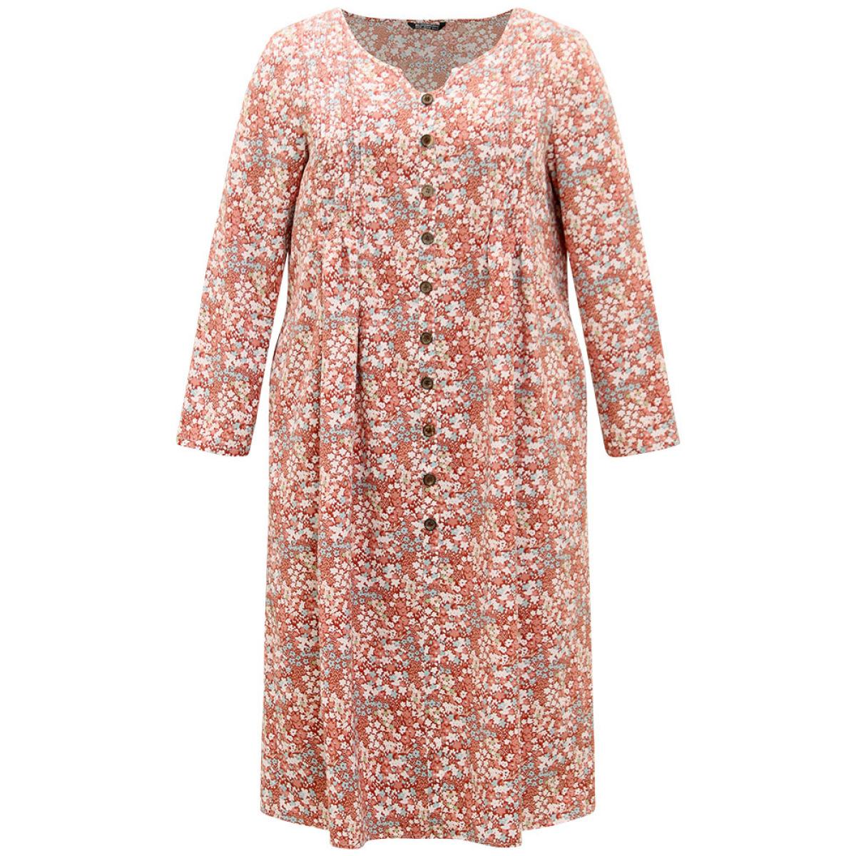 Plus Size Ditsy Floral Notched Pocket Button Detail Dress Russet Women Casual Printed Notched collar Long Sleeve Curvy Midi Dress BloomChic 12/L Product Image