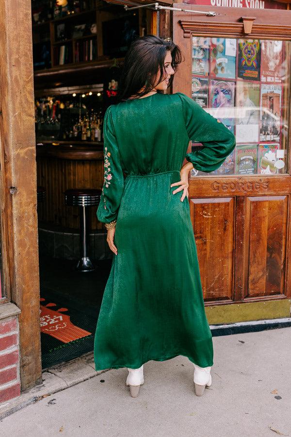 Whispering Sweet Nothings Embroidered Maxi In Hunter Green Product Image