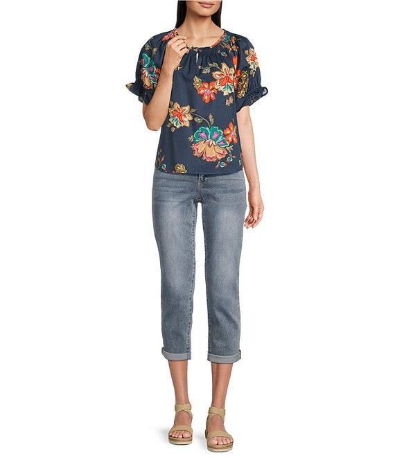 Democracy Petite Size Woven Floral Split Smock Neck Short Sleeve Top Product Image