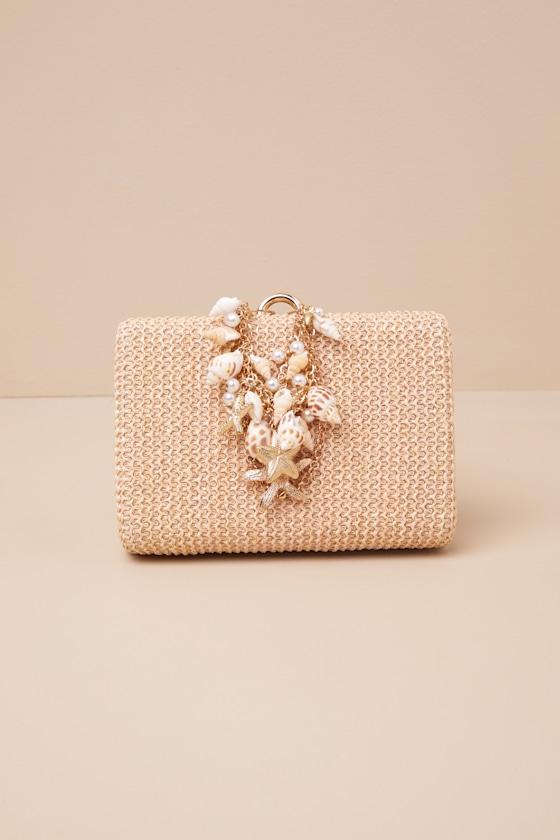 Vitalia Beige Raffia Shell Charm Box Clutch Product Image