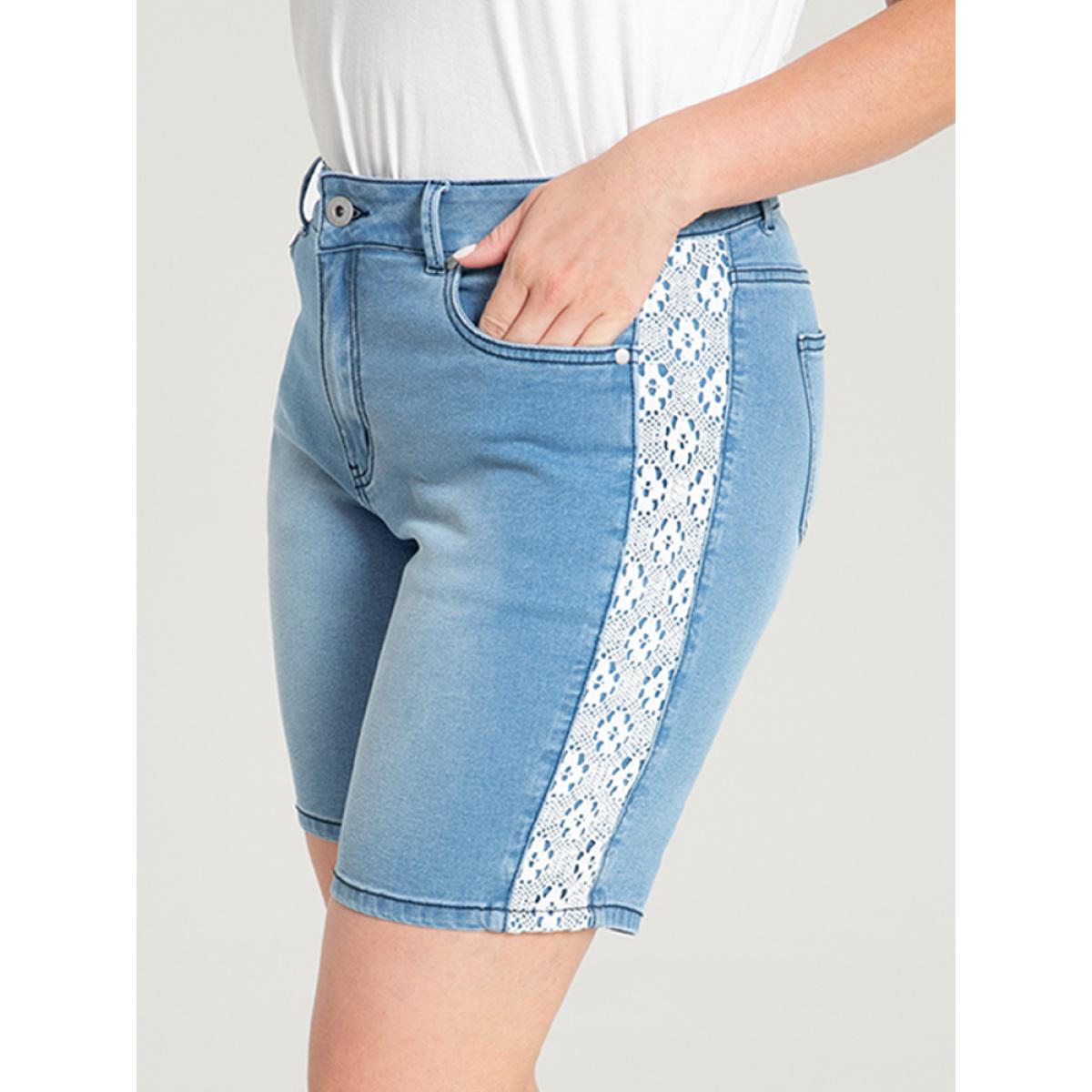 Plus Size Very Stretchy High Rise Light Wash Contrast Lace Denim Shorts Women LightBlue High stretch Dailywear Casual Denim Shorts BloomChic 12/L Product Image