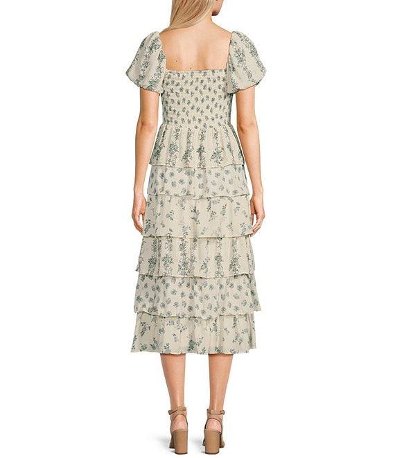 Midnight Doll Floral Print Short Puff Sleeve Tiered Ruffle Midi Dress Product Image
