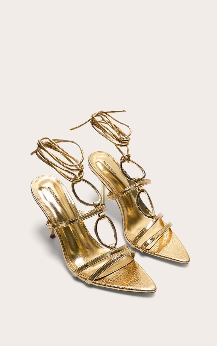 Gold Croc Pu Point Toe Ring Detail Lace Up Heeled Sandals Product Image