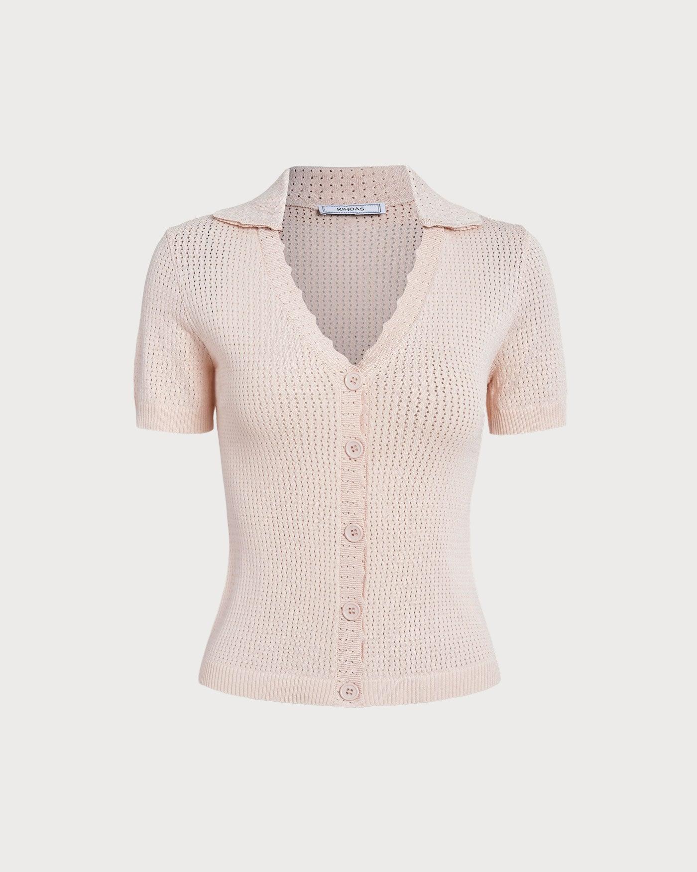 The Nude V Neck Button Pointelle Knit Tee Product Image