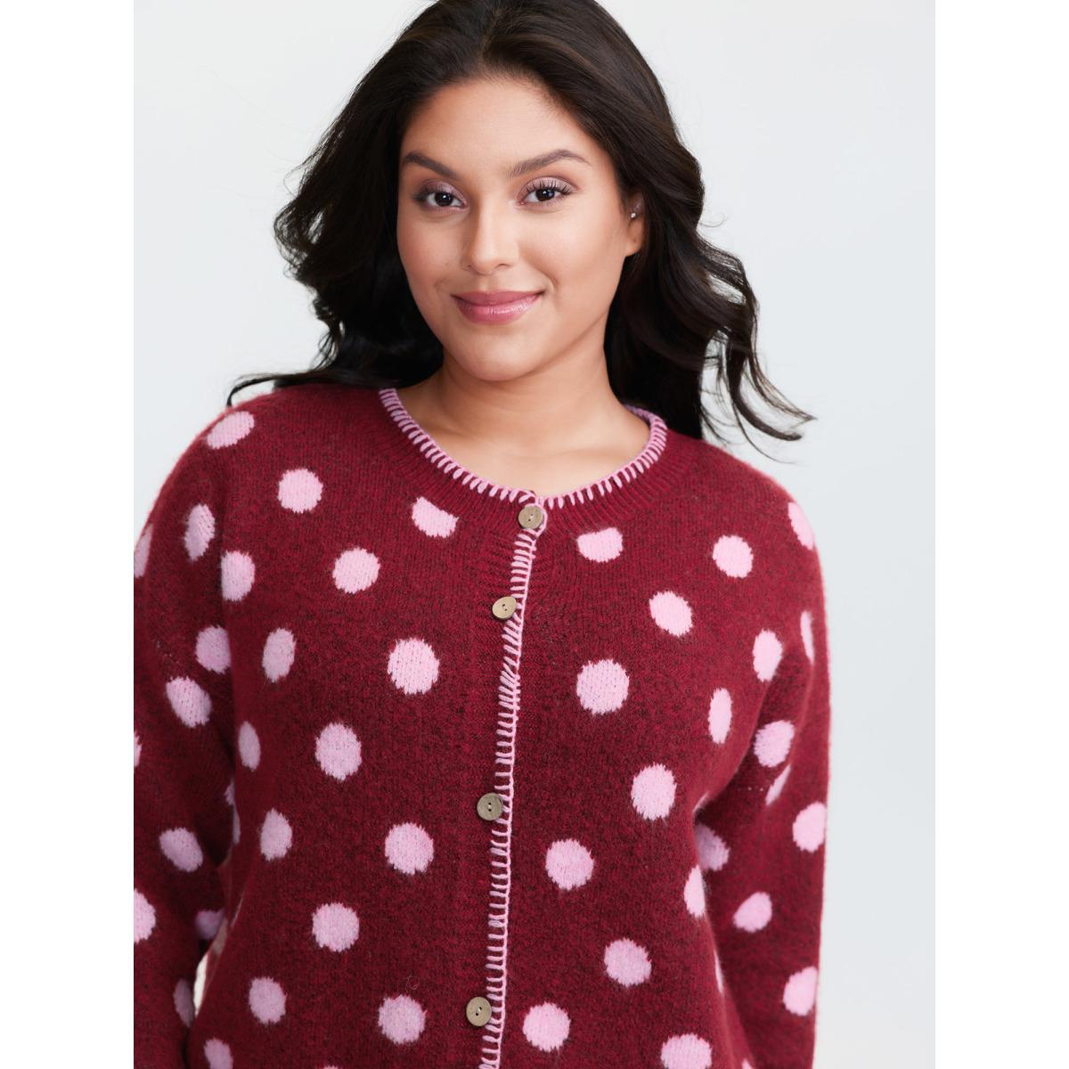 Plus Size Polka Dots Jacquard Buttons Knit Cardigan Scarlet Women Playful Loose Long Sleeve Casual Cardigans BloomChic 14-16/1X Product Image