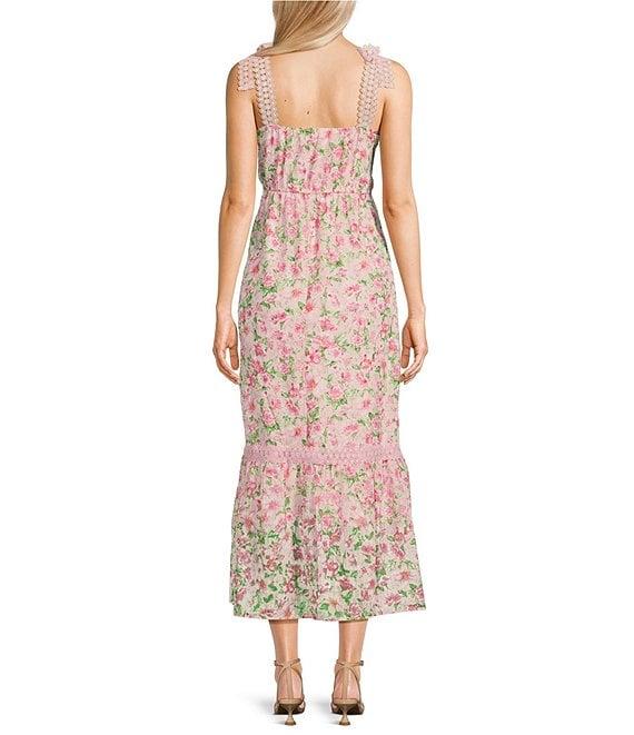 Blu Pepper Floral Print Tie Shoulder Square Neck Midi Dress Product Image