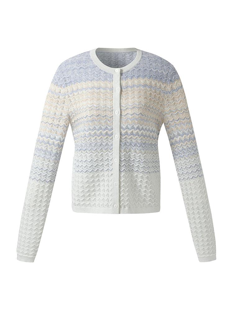 Cotton Blue And White Gradient Stripe Women Cardigan Product Image