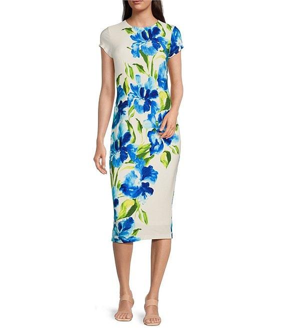 Maggy London Matte Jersey Floral Print Crew Neck Short Sleeve Sheath Midi Dress Product Image