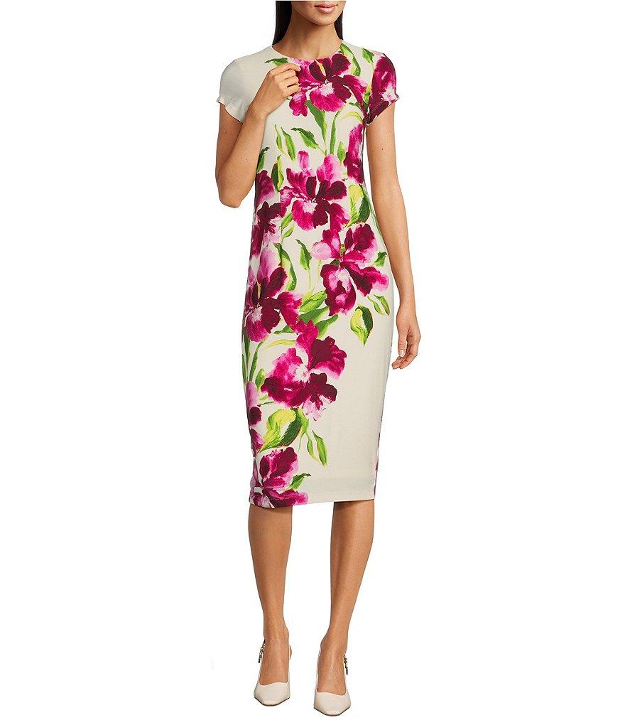 Maggy London Matte Jersey Floral Print Crew Neck Short Sleeve Sheath Midi Dress Product Image