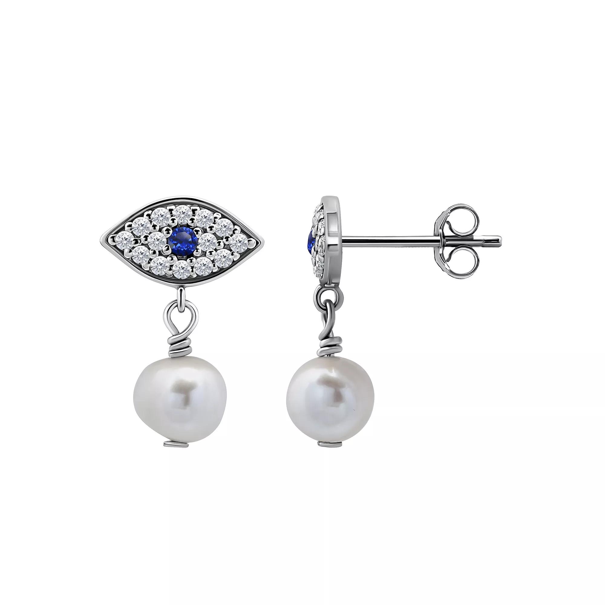 Aleure Precioso Sterling Silver Freshwater Cultured Pearl Drop & Cubic Zirconia Evil Eye Post Earrings, Women's, Silver Tone Product Image