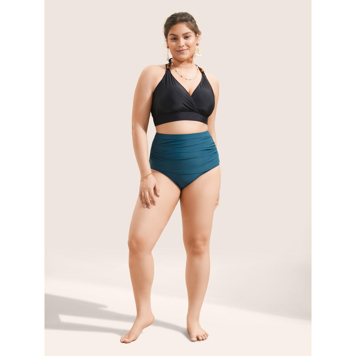 Plus Size Solid Ruched High Rise Swim Bottom Women's Swimwear Cyan Beach Non High stretch Skinny High Rise Curve Swim Bottoms BloomChic 10/M Product Image