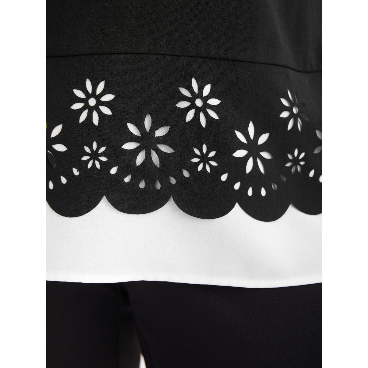 Plus Size Black Laser Cut Patchwork Round Neck Blouse Women Short sleeve Round Neck Work Blouses BloomChic 10/M Product Image