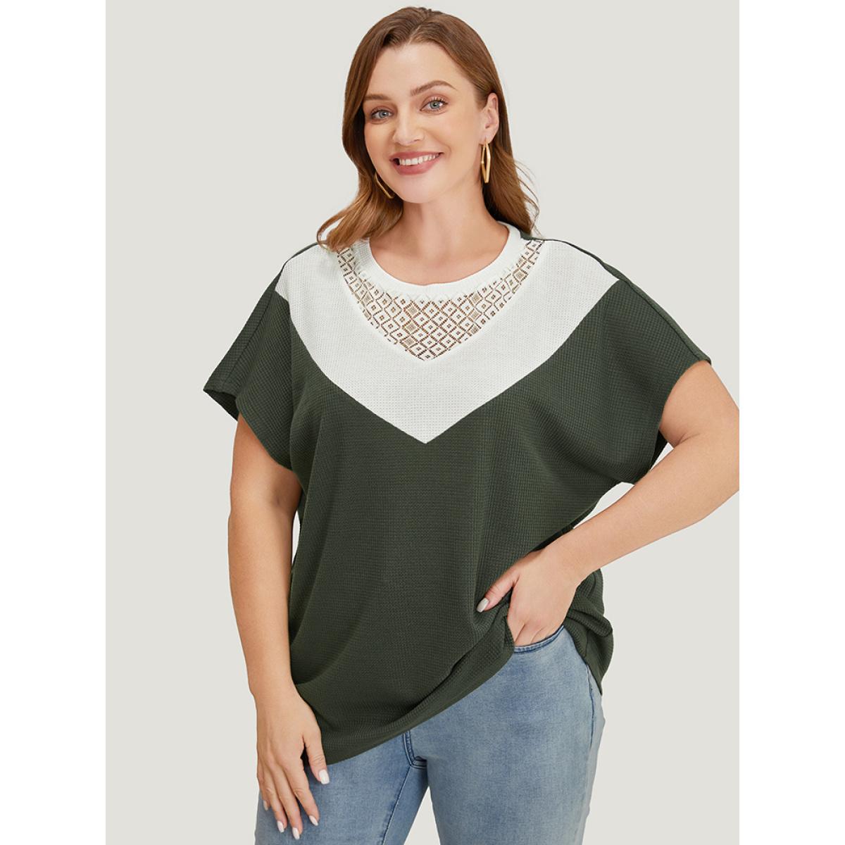 Plus Size Colorblock Contrast Lace Waffle Knit Batwing Sleeve T-shirt Sage Women Elegant Contrast Colorblock Round Neck Dailywear T-shirts BloomChic 28/5X Product Image