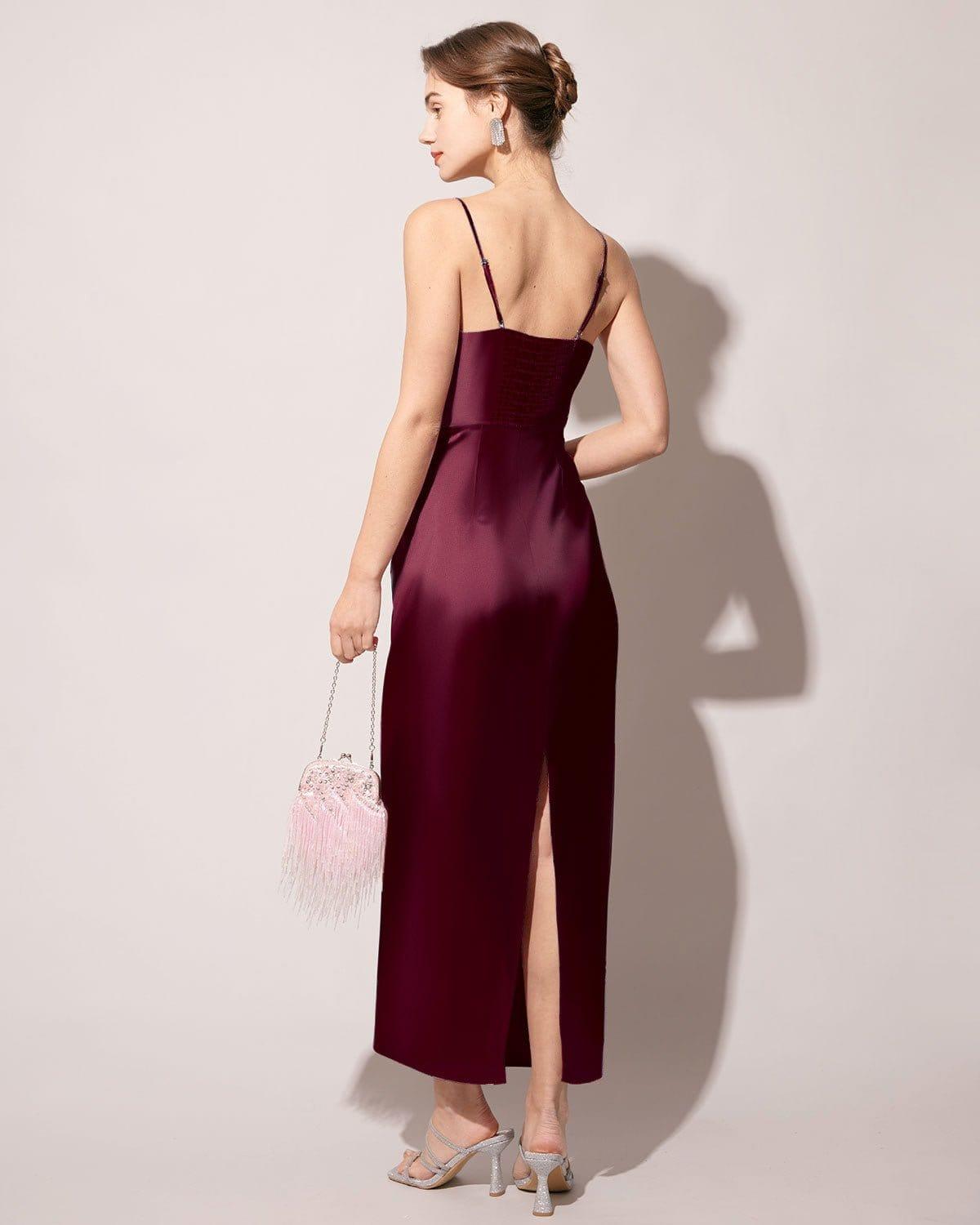 The Red Back Slit Satin Sling Maxi Dress Female Product Image