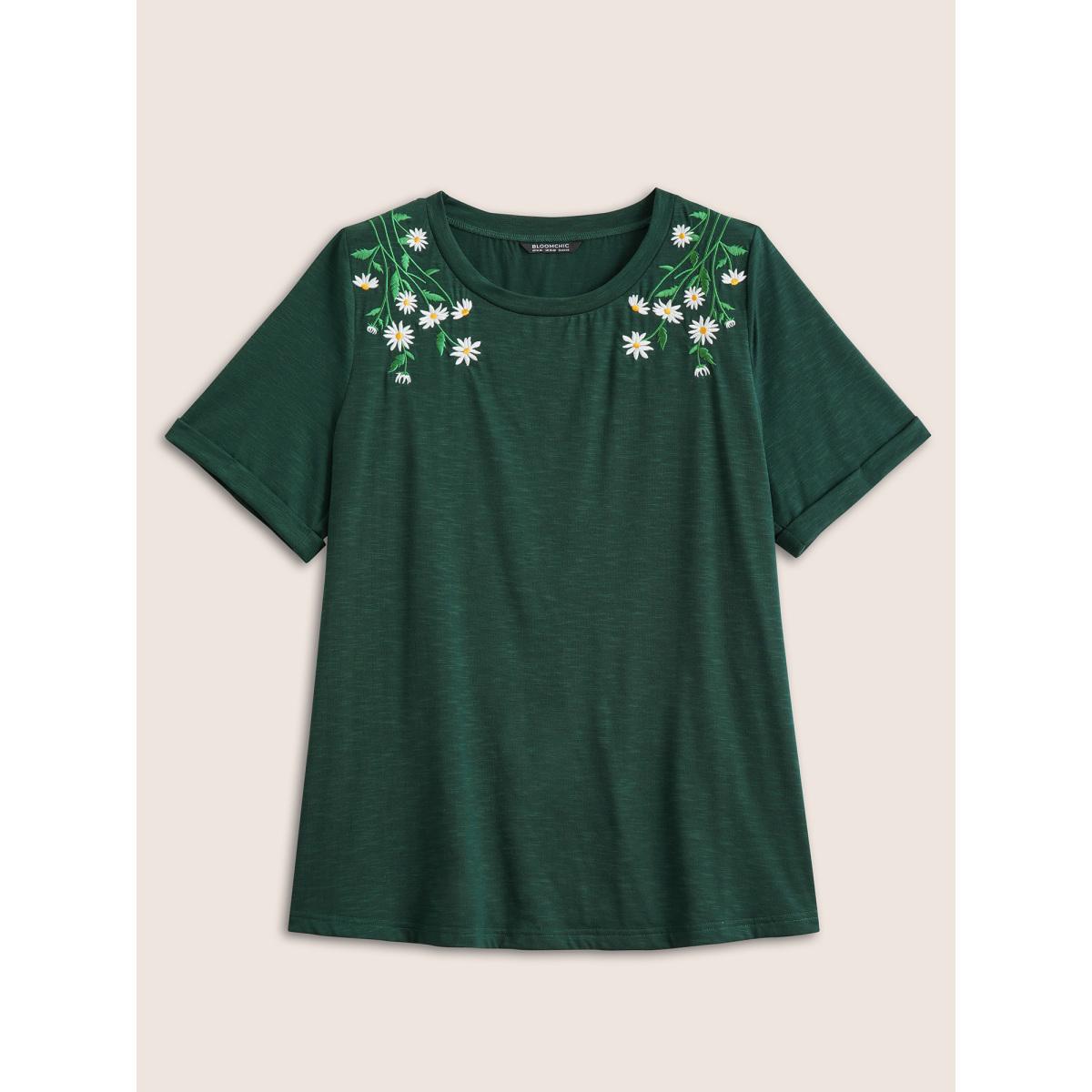Plus Size Floral Embroidered Roll Sleeve T-shirt DarkGreen Women Elegant Roll Hem Plants Round Neck Everyday T-shirts BloomChic 30/6X Product Image