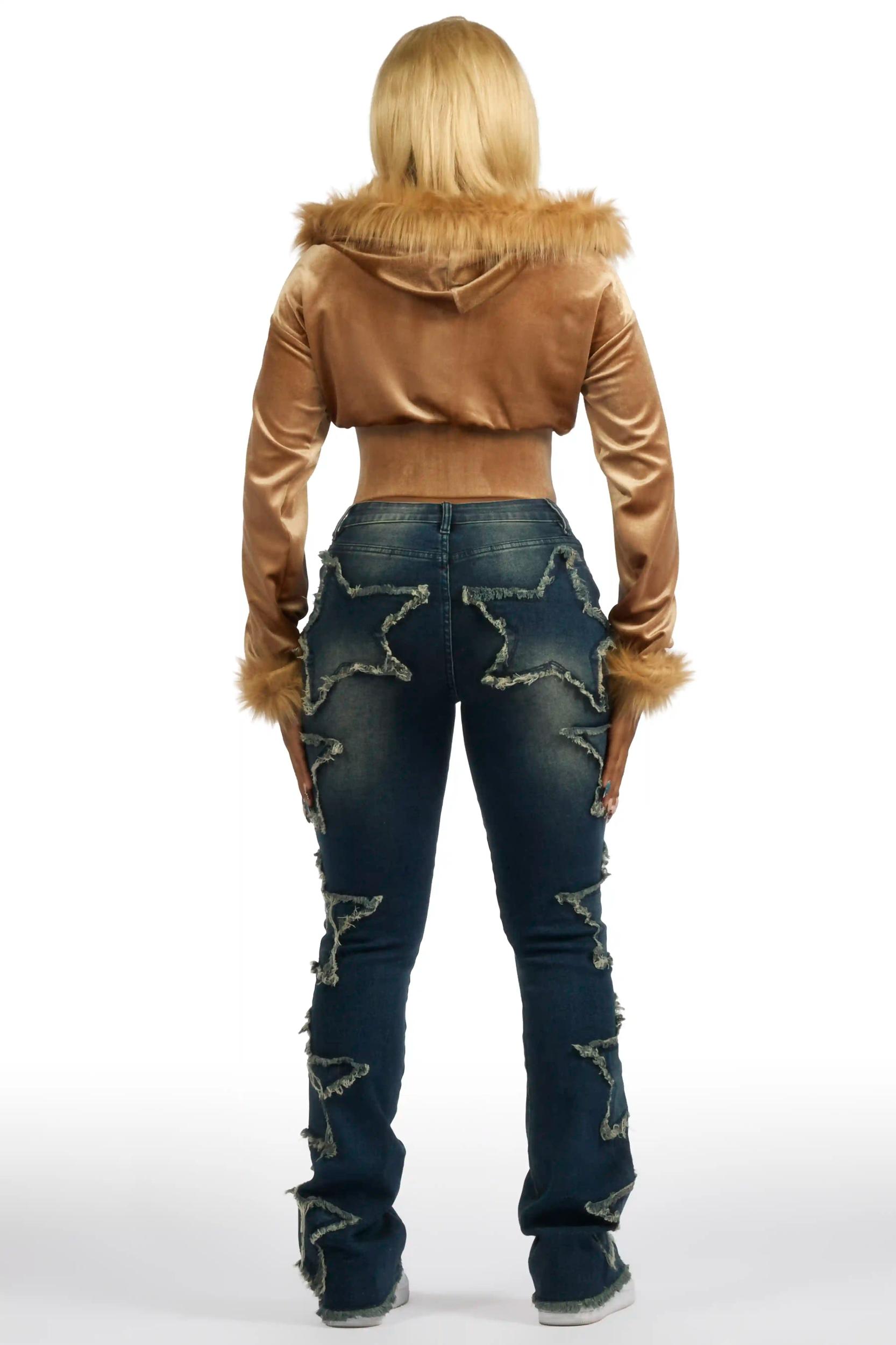 Shanika Camel Velour Crop Hoodie With Fur Hood Female Product Image