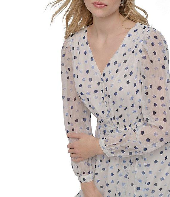 DKNY by Donna Karan Dotted Print Chiffon V-Neck Long Sleeve Fit And Flare Dress Product Image
