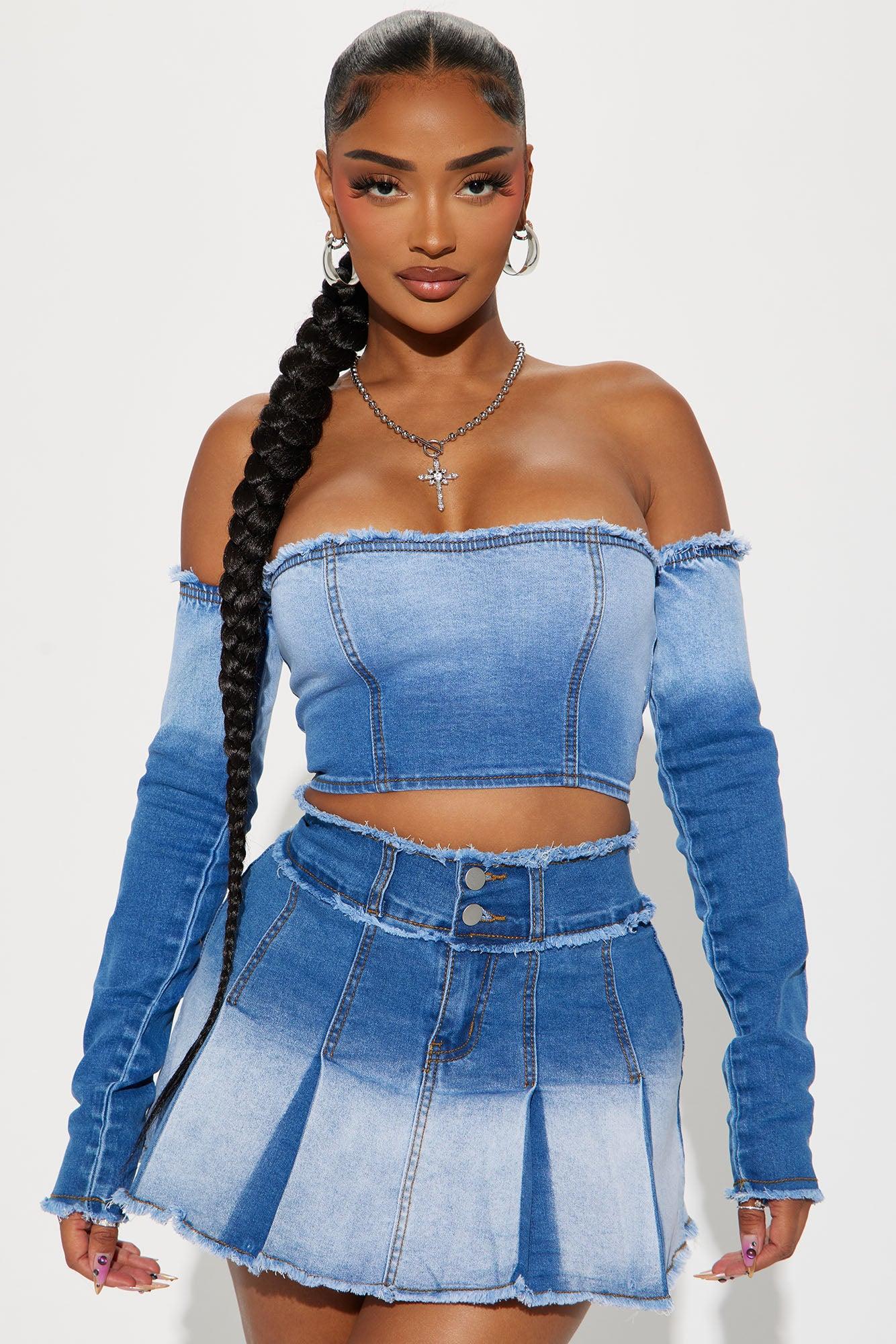 Logan Washed Denim Skirt Set - Light Wash Product Image