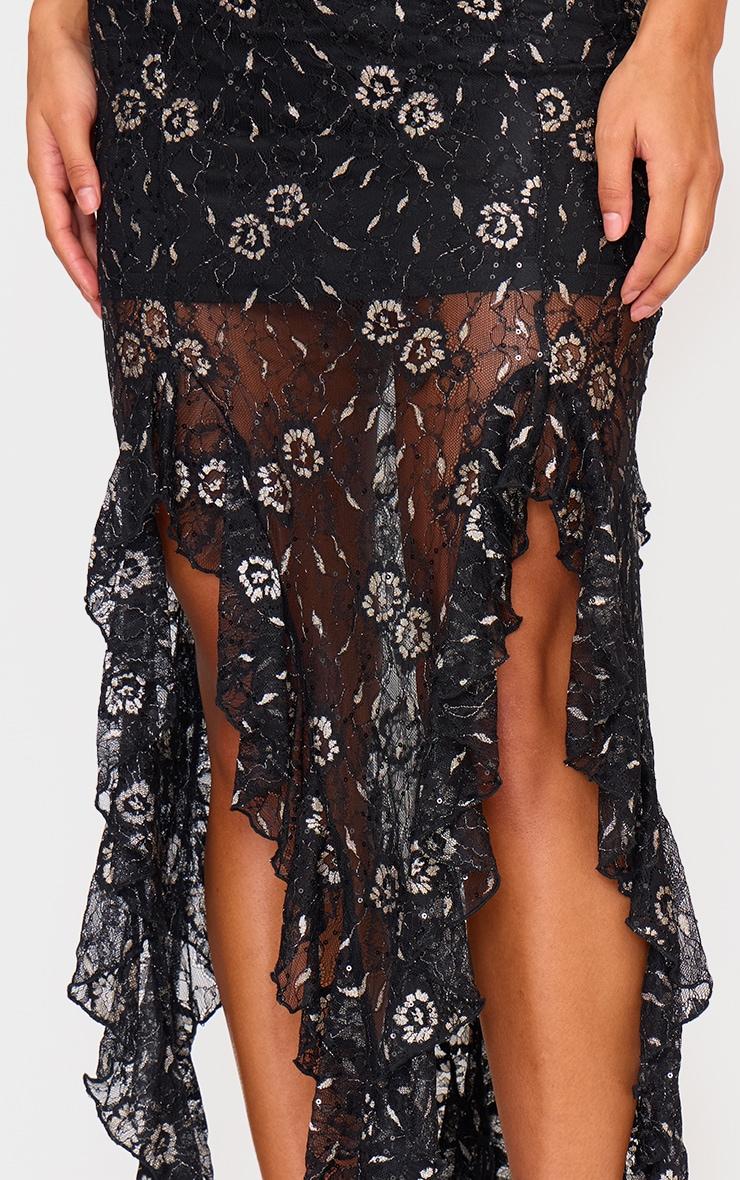Black Sequin Lace Drape Detail Maxi Skirt Product Image