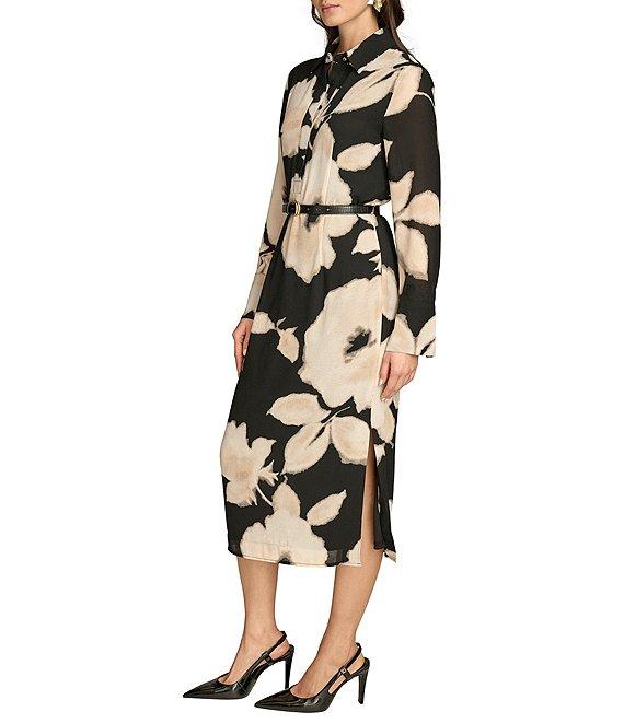 Donna Karan Chiffon Collared V-Neck Long Sleeve Belted Sheath Midi Dress Product Image