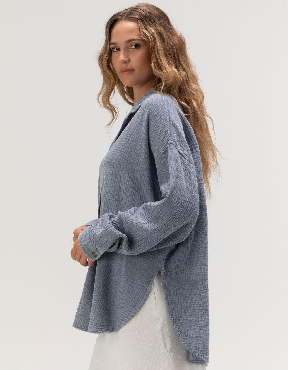 ROXY Morning Time Womens Long Sleeve Button Up Shirt - BLUE Product Image