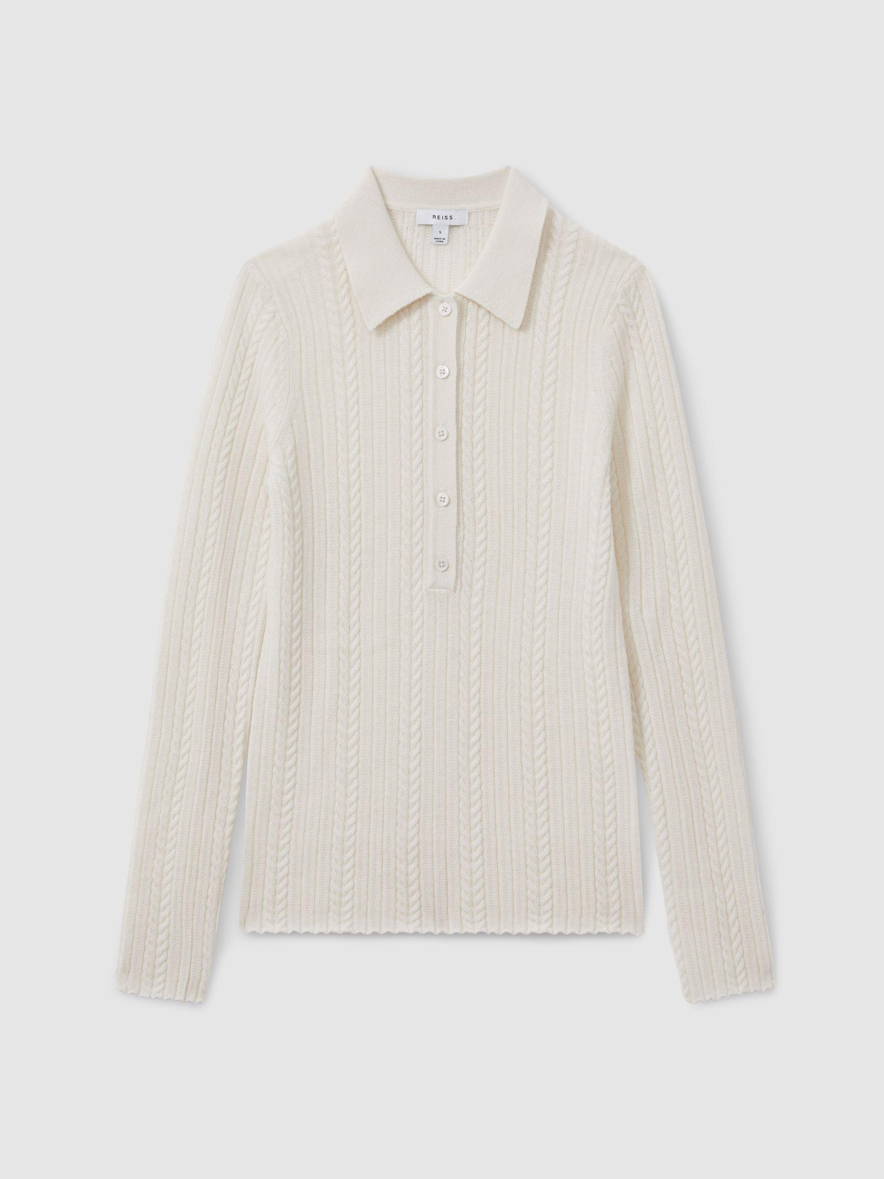 Wool Cable Knit Polo Neck Jumper in Cream Product Image